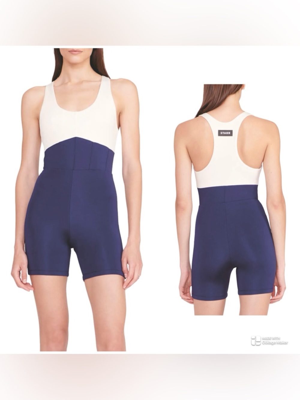 STAUD Navy and Cream Racerback Athletic Romper